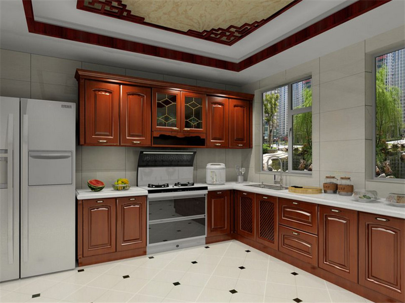 新中式长方形半开放式厨房橱柜装修图