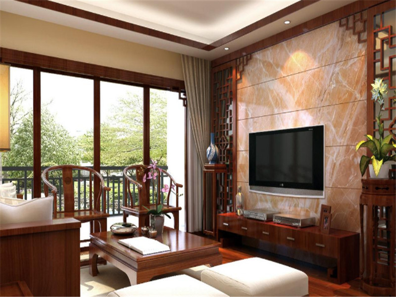 中式装修风格一居室客厅电视墙装修效果图