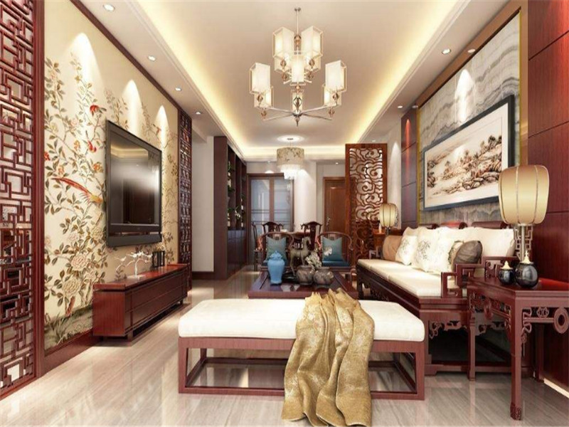 中式风格三居室客厅电视背景墙装修效果图