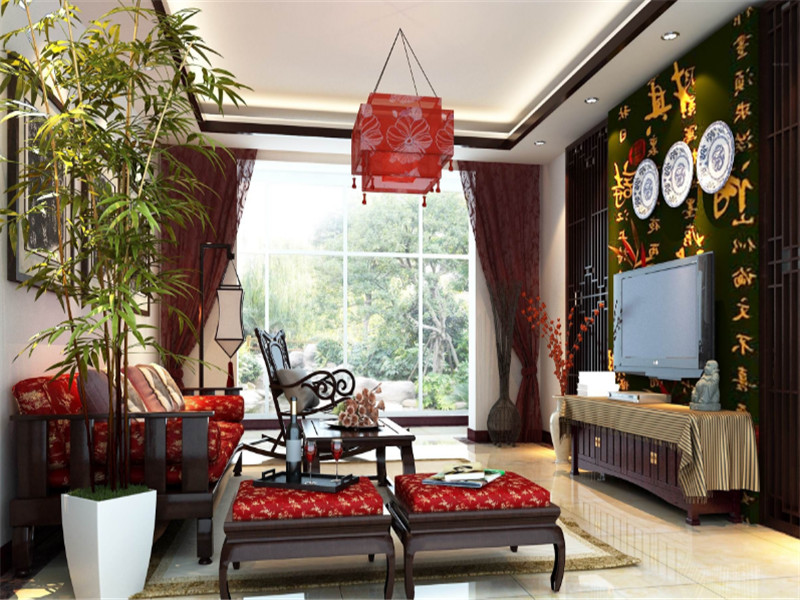 一居室中式风格客厅电视背景墙设计图