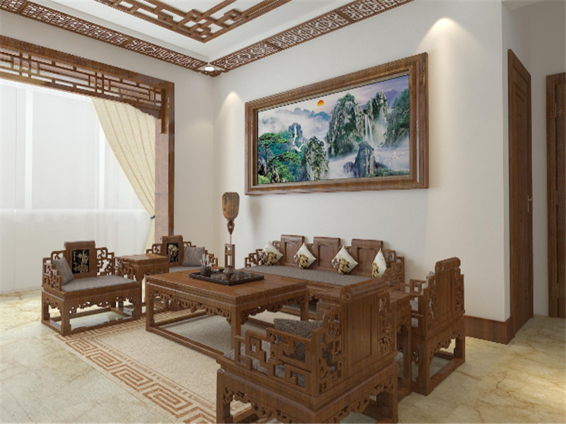 中式风格大三居客厅沙发背景墙效果图