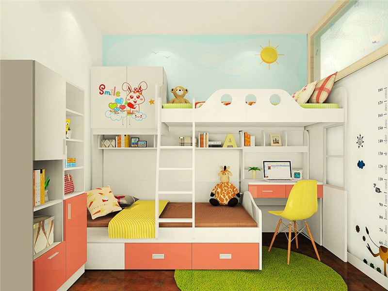 儿童房一体书柜写字台上下床设计