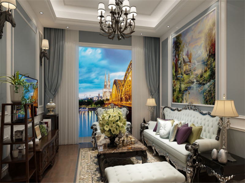 欧式豪华别墅客厅沙发背景墙挂画效果图