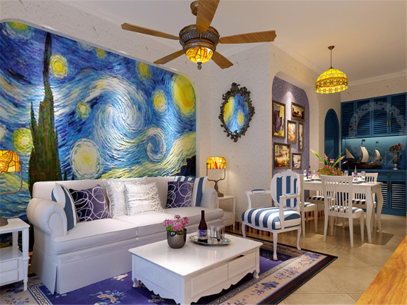 地中海风格两居室客厅电视背景墙设计图